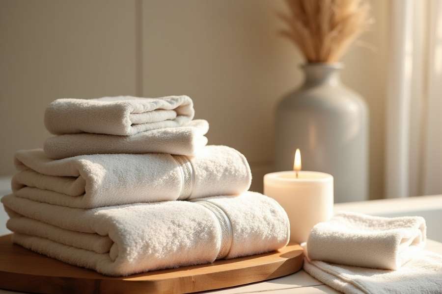 Une pile de serviettes blanches moelleuses et une bougie allumée sur un plateau en bois pour un spa d'hôtel.